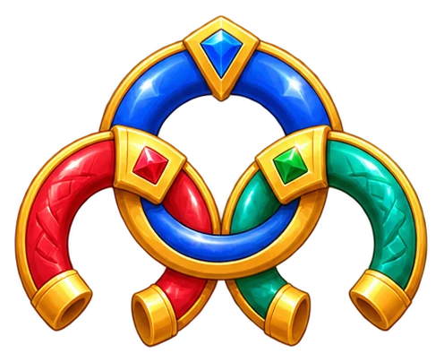 Three interlocking rings in red, blue and green with gold clasps