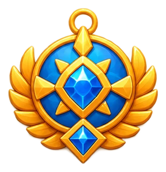 A winged gold relic medallion with a blue gem