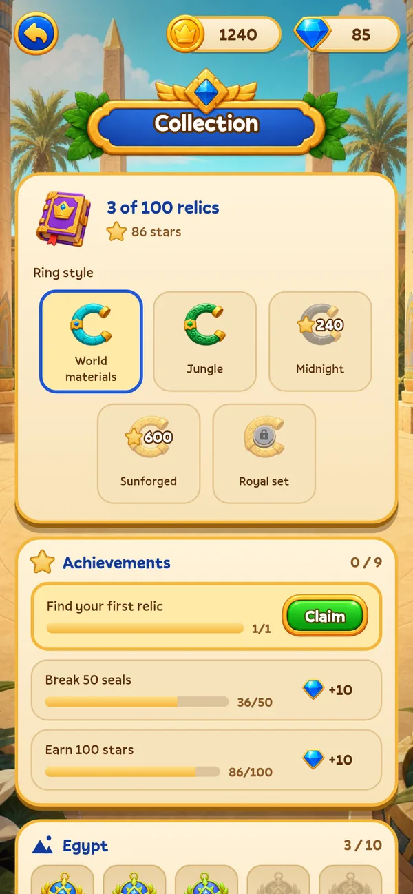 The collection screen with relics, ring styles and achievements