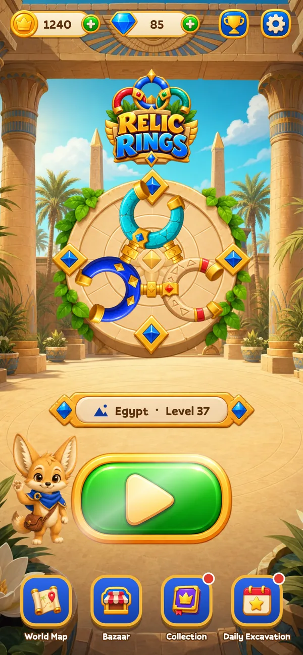 Home screen in the Egypt world with the Play button and the fox guide