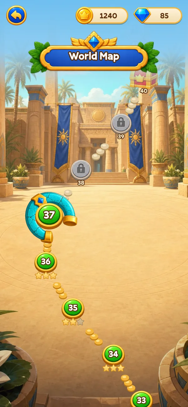 The world map showing a winding path of numbered level nodes