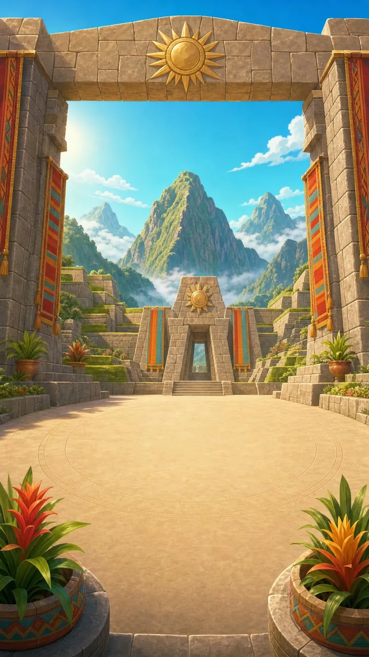 Andes world: a sun gate beneath a high mountain peak