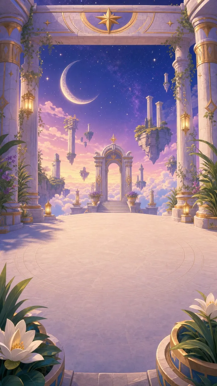 Celestial Ruins world: floating arches under a crescent moon