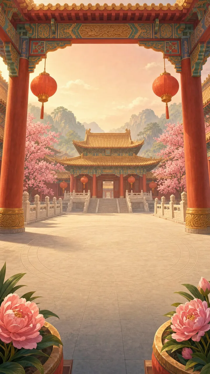 Imperial China world: red gates, lanterns and cherry blossom