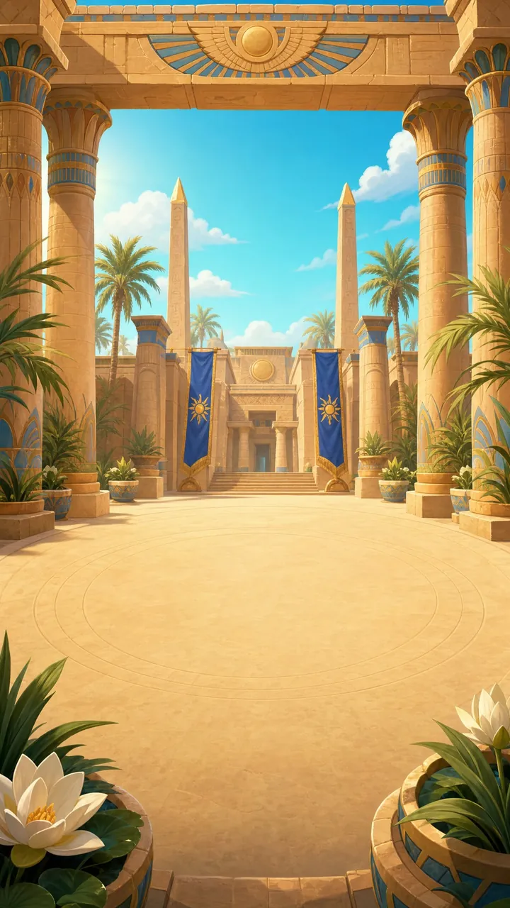Egypt world: a sandstone temple courtyard with obelisks and palms