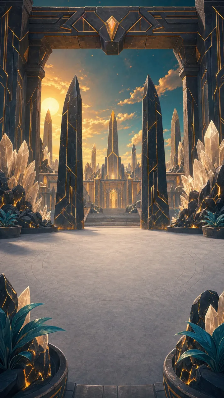 First Civilization world: black obelisks and crystal under a low sun