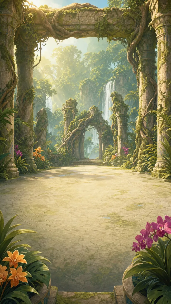 Jungle Ruins world: vine-wrapped arches beside a waterfall