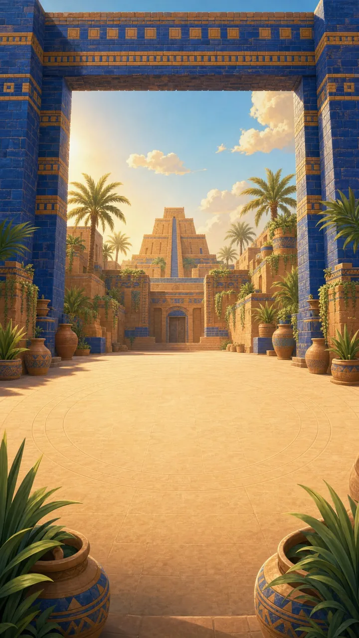 Mesopotamia world: lapis blue banners and a ziggurat at golden hour