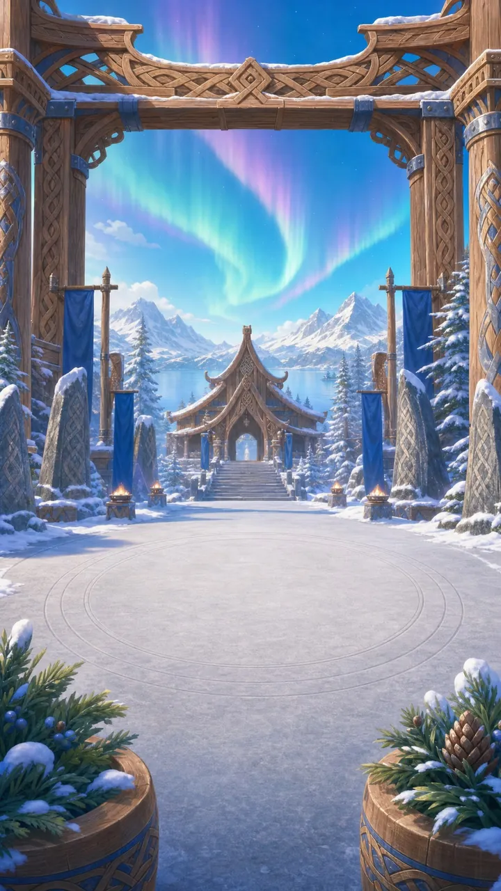 Norse world: a frozen hall under an aurora sky